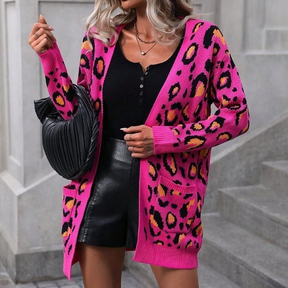 Pink Preppy Womens Leopard Pattern Drop Shoulder Open Front Cardigan - Picture 3 of 5